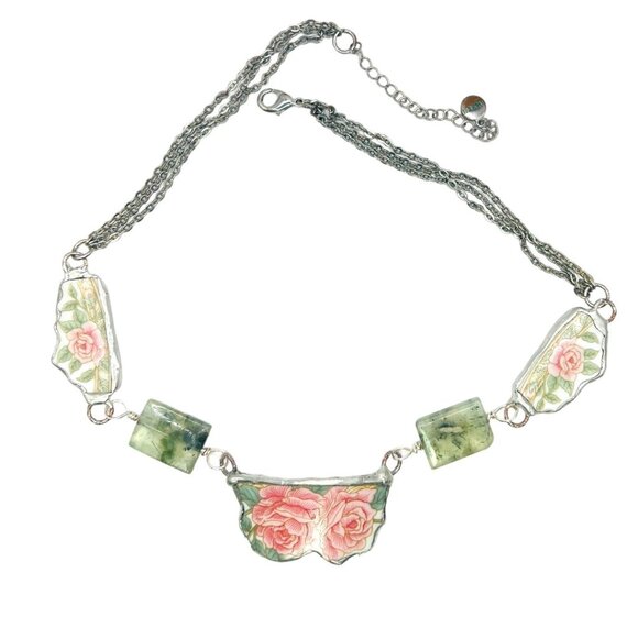 Artisan Antique Lynns USA Broken  China Roses Triple Necklace W/ Prehnite Stones - Picture 7 of 16